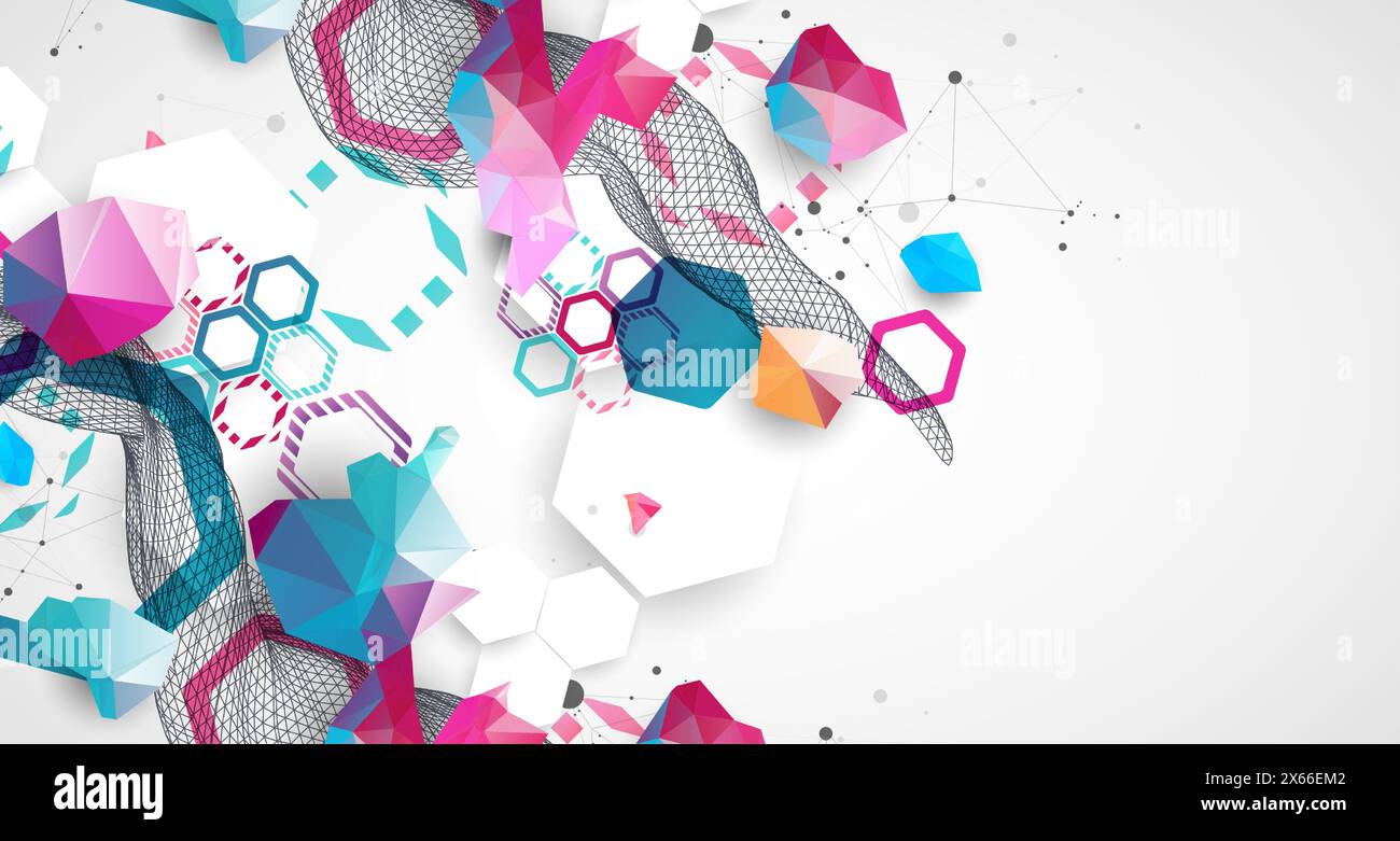 Abstract wireframe wave with colorful hexagons and plexus effect. Scientific and technological background. Vector. Stock Vector