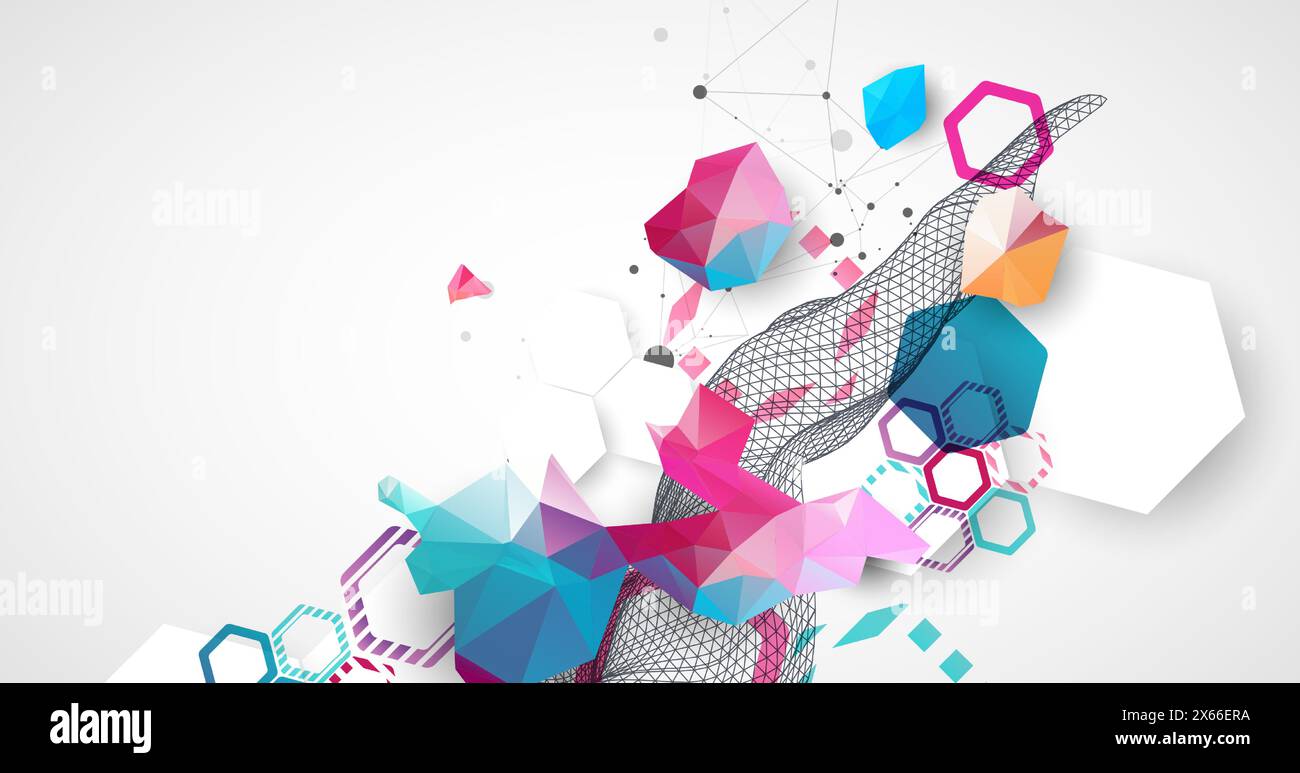 Abstract wireframe wave with colorful hexagons and plexus effect. Scientific and technological background. Vector. Stock Vector