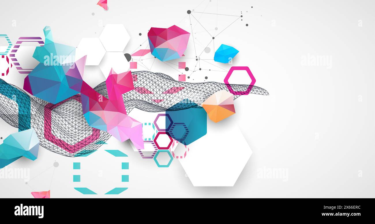 Abstract wireframe wave with colorful hexagons and plexus effect. Scientific and technological background. Vector. Stock Vector