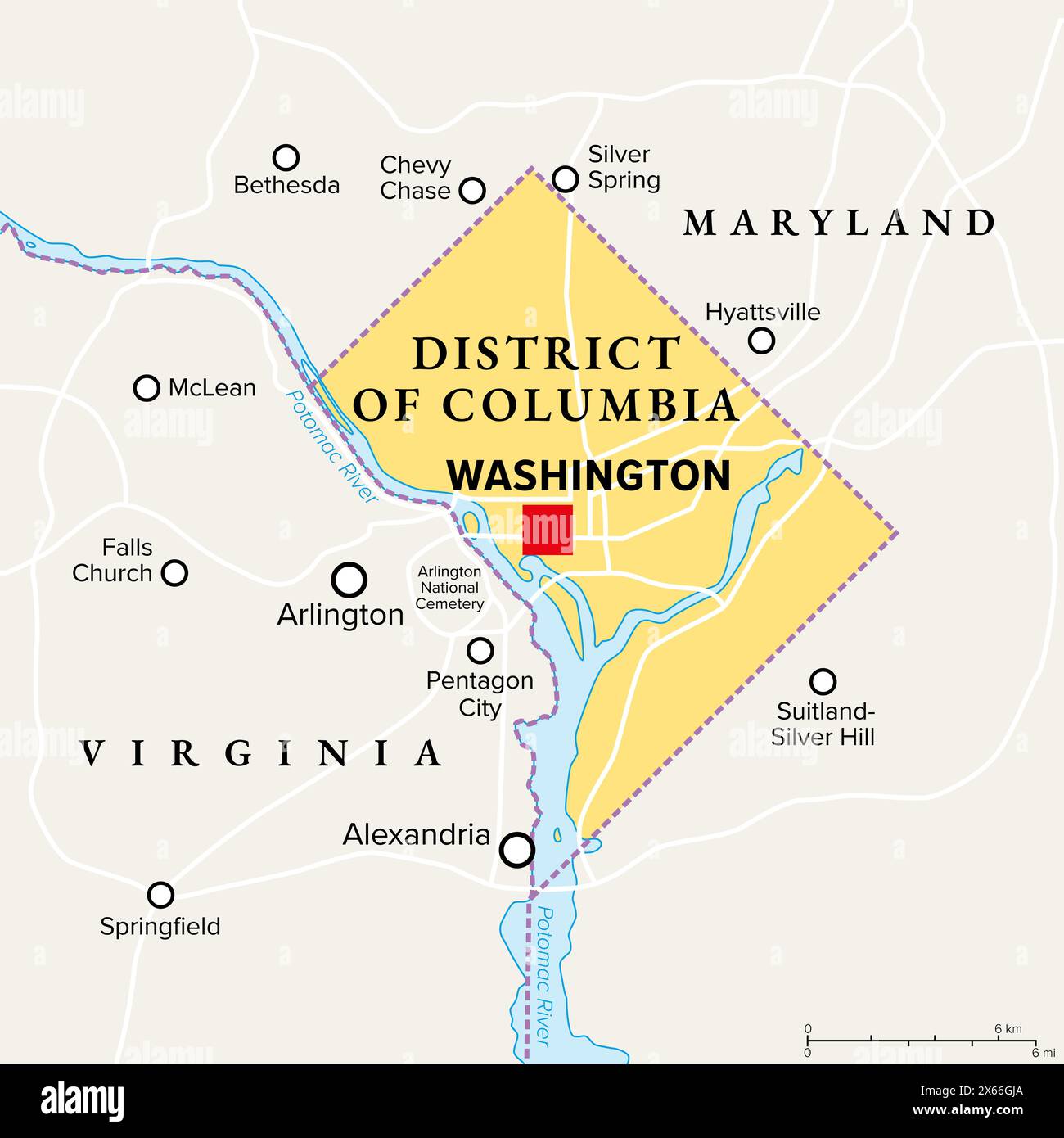 Washington, D.C., political map. District of Columbia, capital city and ...