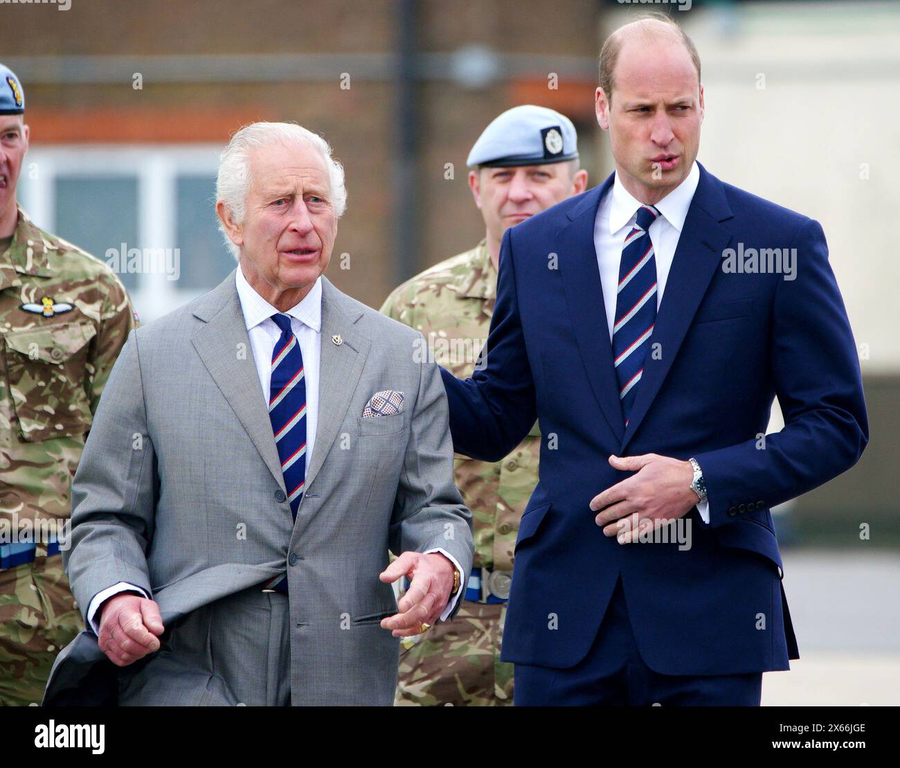King Charles III and the Prince of Wales during a visit to the Army Aviation Centre at Middle Wallop, Hampshire, for the King to officially hand over the role of Colonel-in-Chief of the Army Air Corps to the Prince of Wales. Picture date: Monday May 13, 2024. Stock Photo