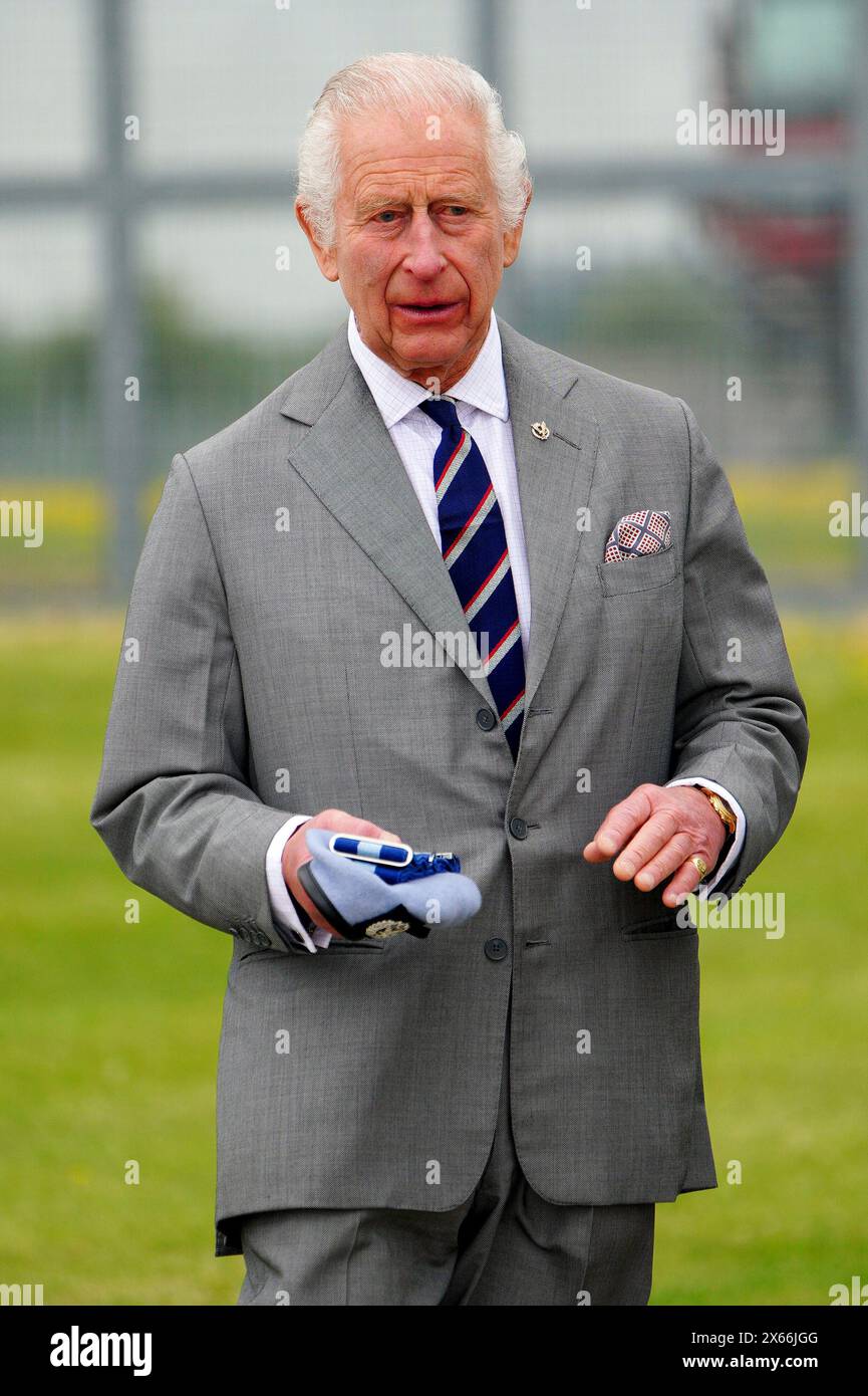 King Charles III during a visit to the Army Aviation Centre at Middle Wallop, Hampshire, to officially hand over the role of Colonel-in-Chief of the Army Air Corps to the Prince of Wales. Picture date: Monday May 13, 2024. Stock Photo