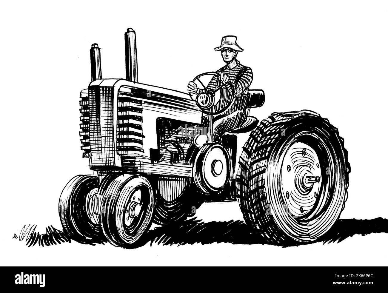 Farmer on tractor. Hand drawn retro styled black and white illustration ...