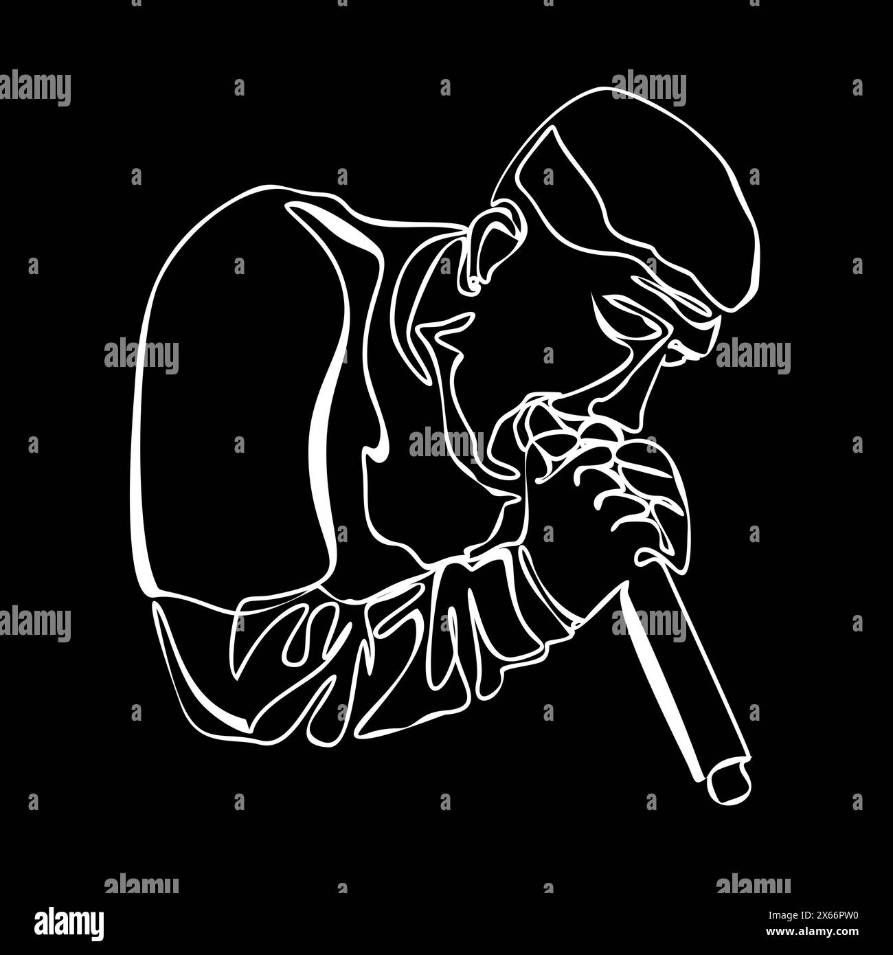 Man singer silhouette, man singing on mic, singer singing silhouette, vocalist singing to microphone One continuous line vector illustration Stock Vector