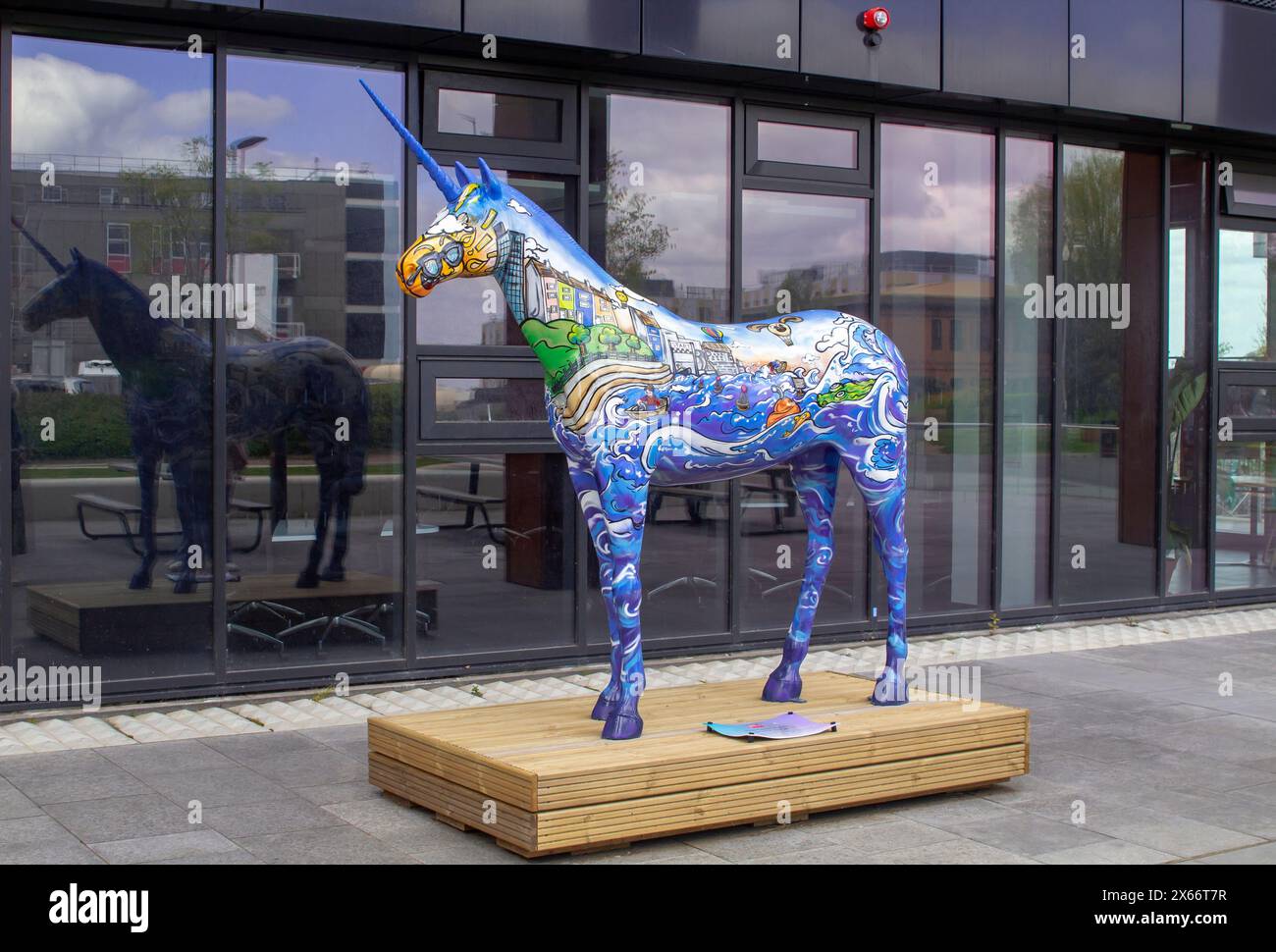 23 April 2024 The Great Wave of Bristol Harbour sculpture installed on Bristol University Frenchay campus as part of a charity fund raising project in Stock Photo