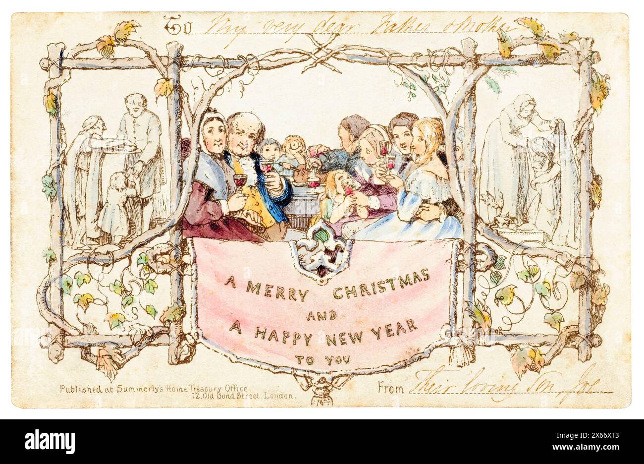 The First Christmas Card, hand-coloured illustration by John Callcott Horsley, 1843 Stock Photo