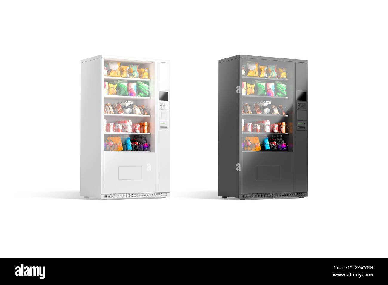 Blank black and white vending machine snacks and drinks mockup, 3d rendering. Empty chocolate and soda in automatic dispenser mock up, isolated, side Stock Photo