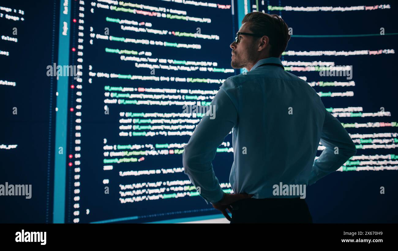 Innovative Startup Concept: Thoughtful Software Engineer Finding Solution, Planning Strategy, Standing and Doing Data Analysis on Big Wall Screen. Programmer Developing e-Commerce App. Back View Shot Stock Photo