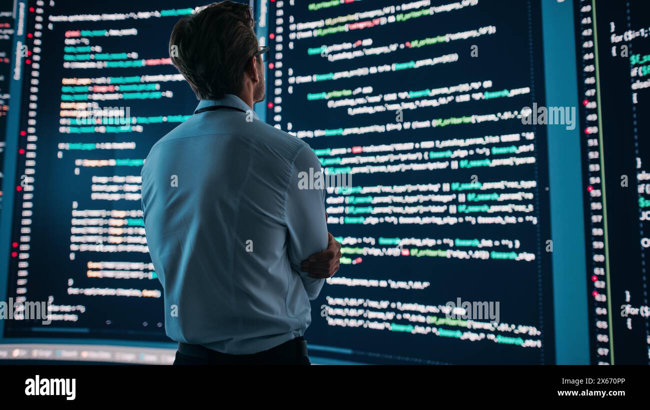 Innovative Computer Science Concept: Software Engineer Standing and Doing Information Technology Analysis on Big Wall Screen. Programmer Developing e-Commerce App. Stock Photo