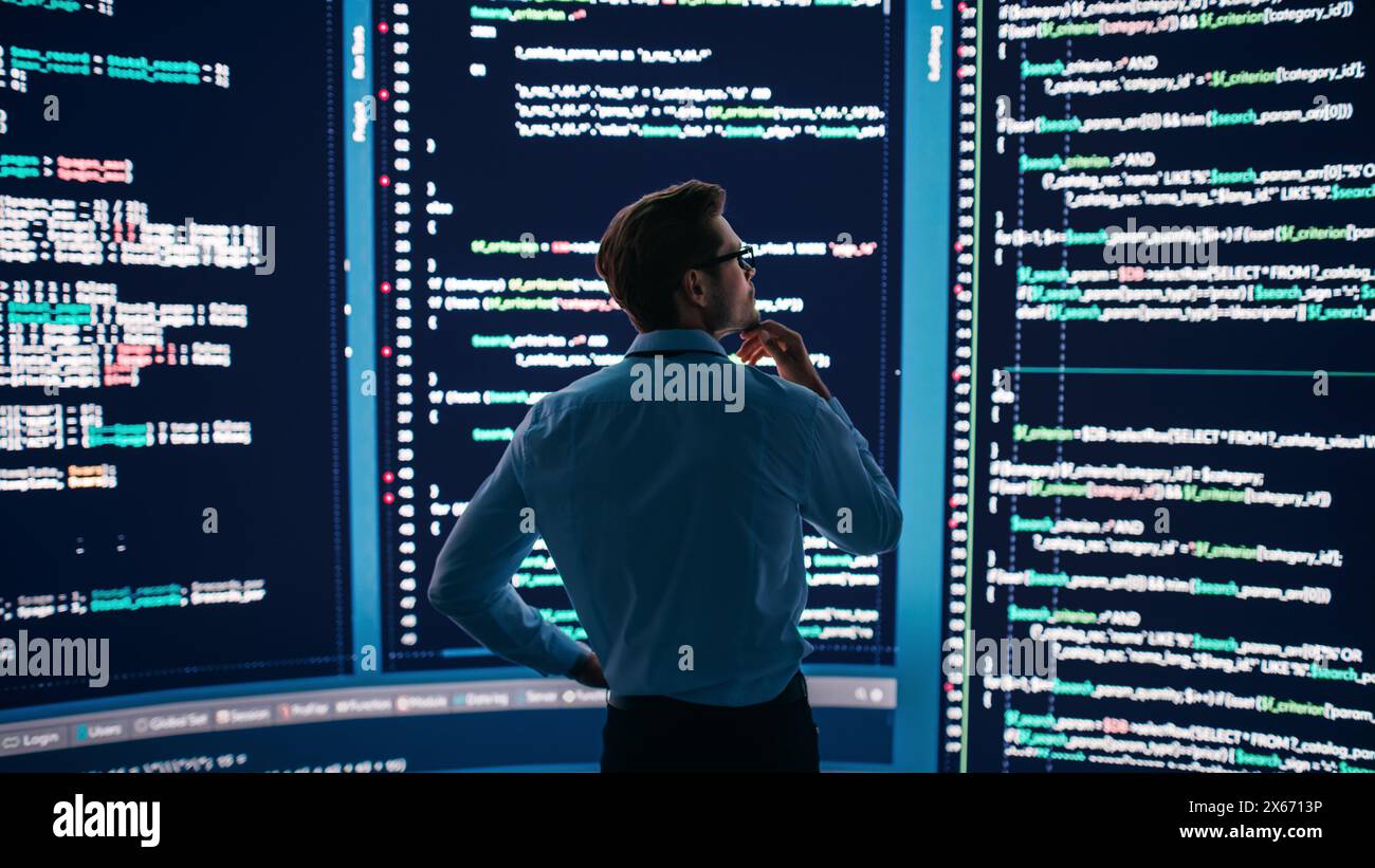 Innovative Startup Concept: Thoughtful Software Engineer Finding Solution, Solving Problem, Standing and Doing Data Analysis on Big Wall Screen. Programmer Developing e-Commerce App. Back View Shot Stock Photo