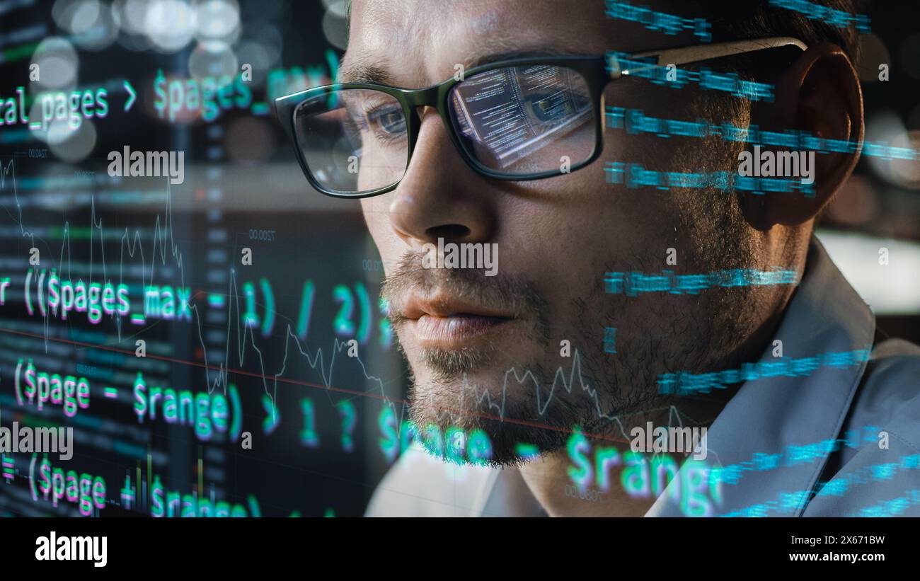 Close-up Portrait of Software Engineer Working on Computer, Line of Code Run Aroung Him. Developer Working on Innovative e-Commerce Application using Big Data Concept Stock Photo