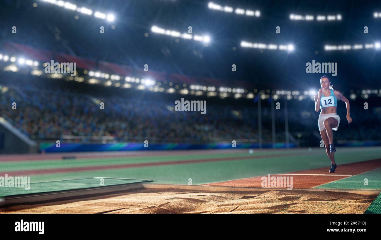 Long Jump Championship: Professional Female Athlete Running on Track ...