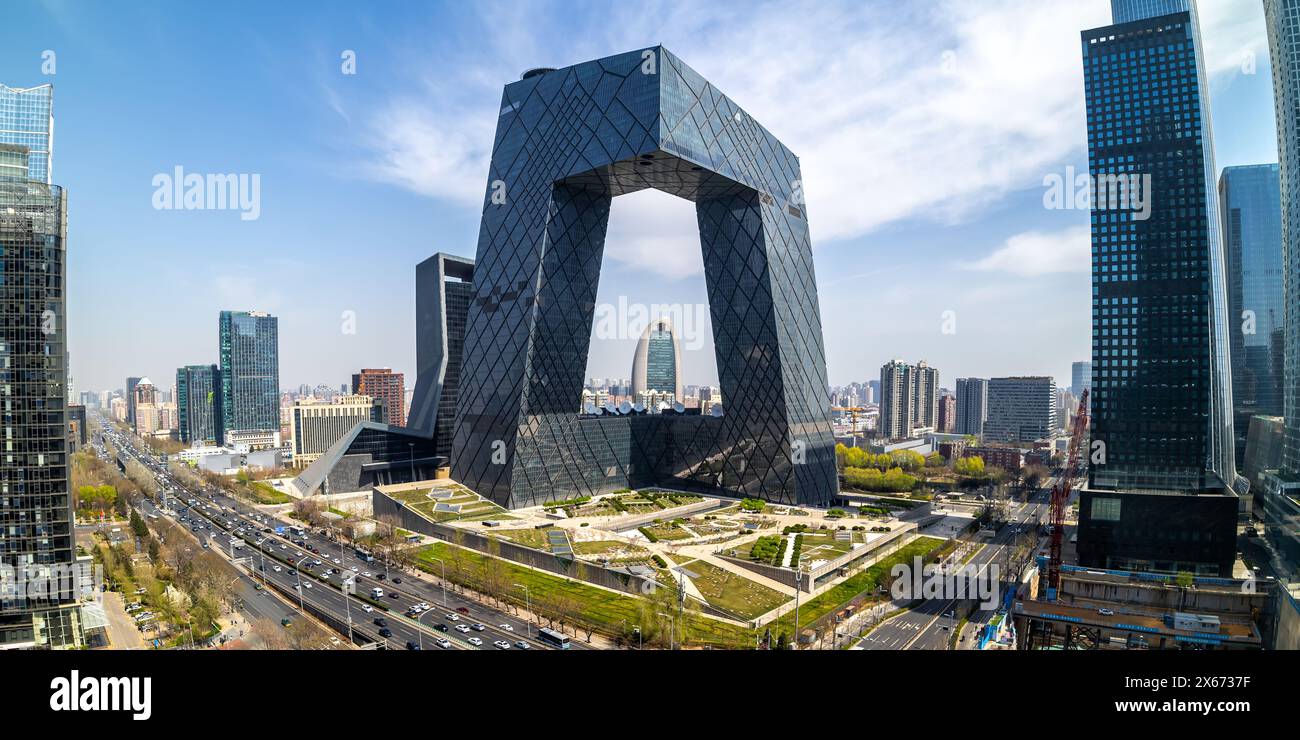 Beijing central business district CBD skyline with China Central Television CCTV headquarters HQ panorama in Beijing, China Stock Photo