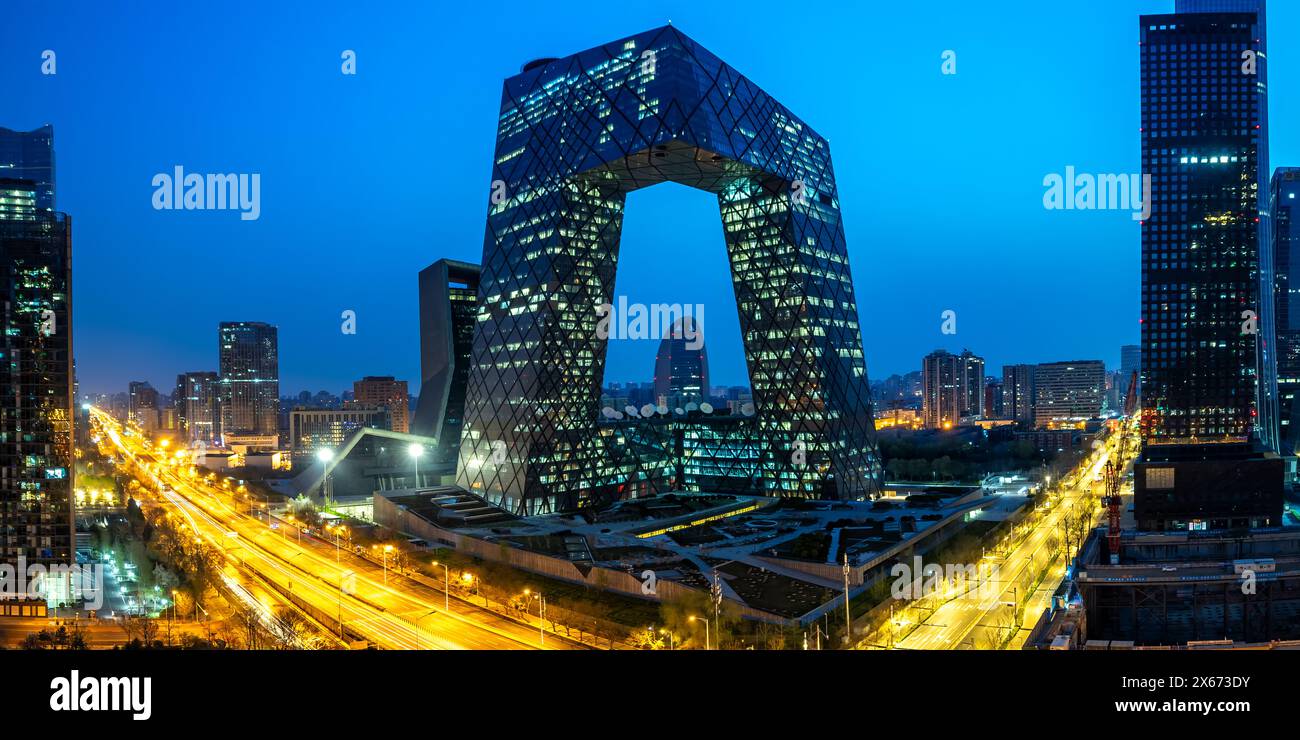 Beijing central business district CBD skyline with China Central Television CCTV headquarters at night city panorama in Beijing, China Stock Photo