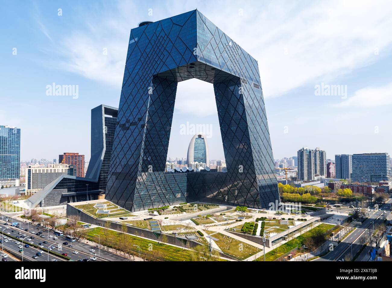 Beijing central business district CBD skyline with China Central Television CCTV headquarters HQ in Beijing, China Stock Photo