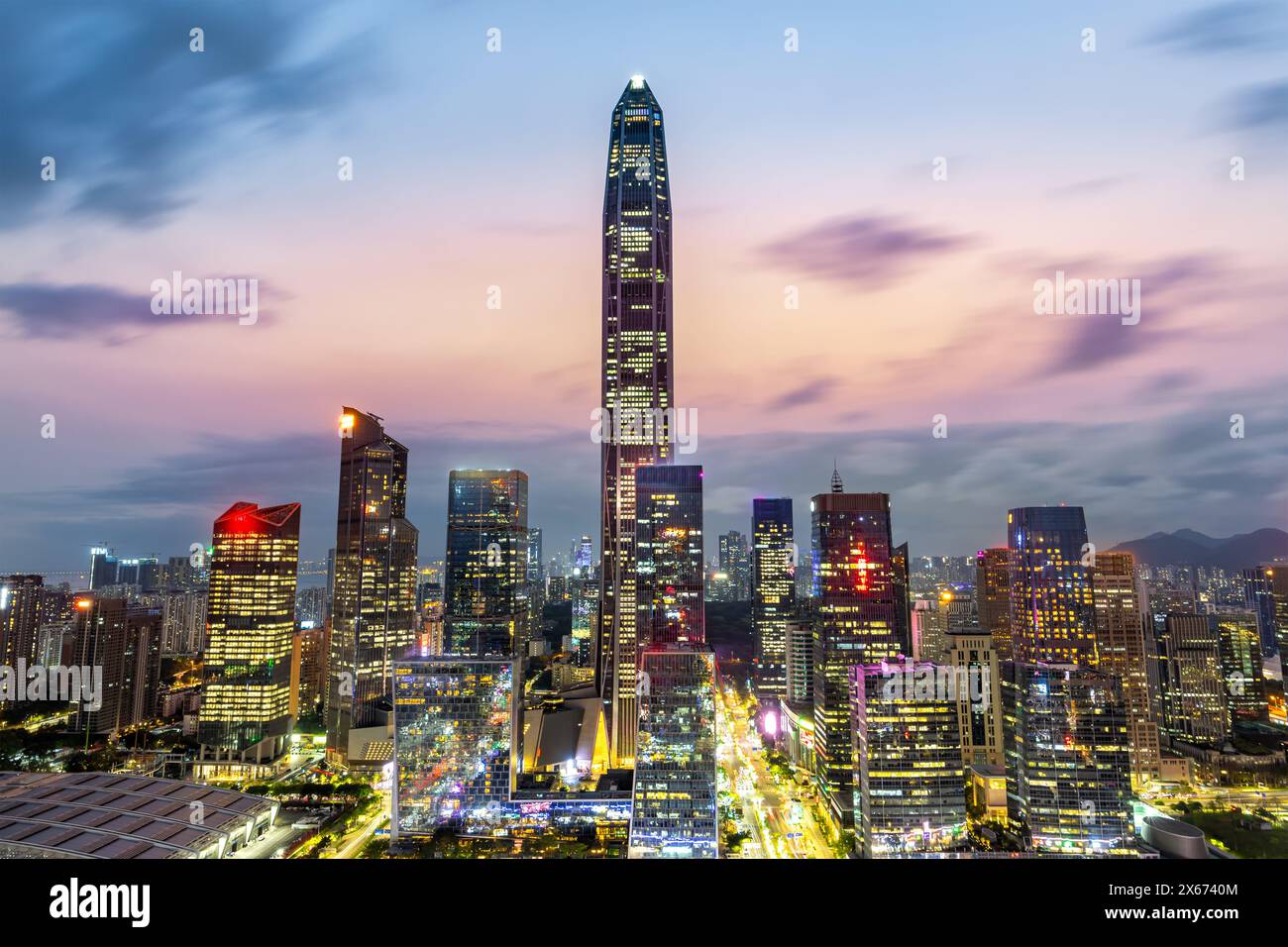 Shenzhen skyline cityscape with skyscrapers in downtown at sunset twilight in Shenzhen, China Stock Photo