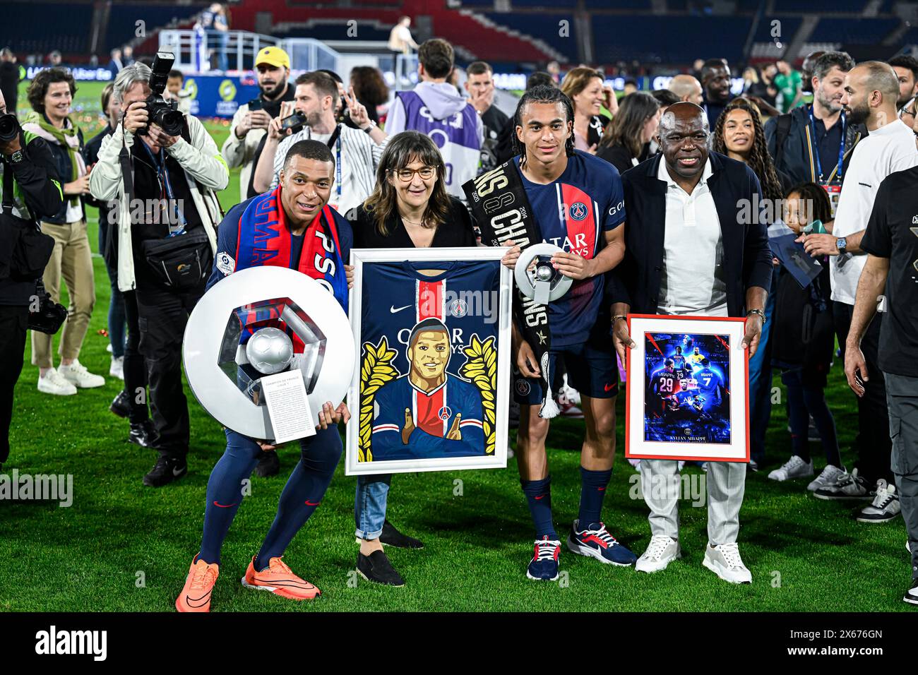 Paris, France. 12th May, 2024. Kylian Mbappe with his family his mother Fayza Lamari his brother Ethan and father Wilfried or Wilfrid during the Ligue 1 football match Paris Saint-Germain PSG VS Toulouse TFC on May 12, 2024 at Parc des Princes stadium in Paris, France. Credit: Victor Joly/Alamy Live News Stock Photo