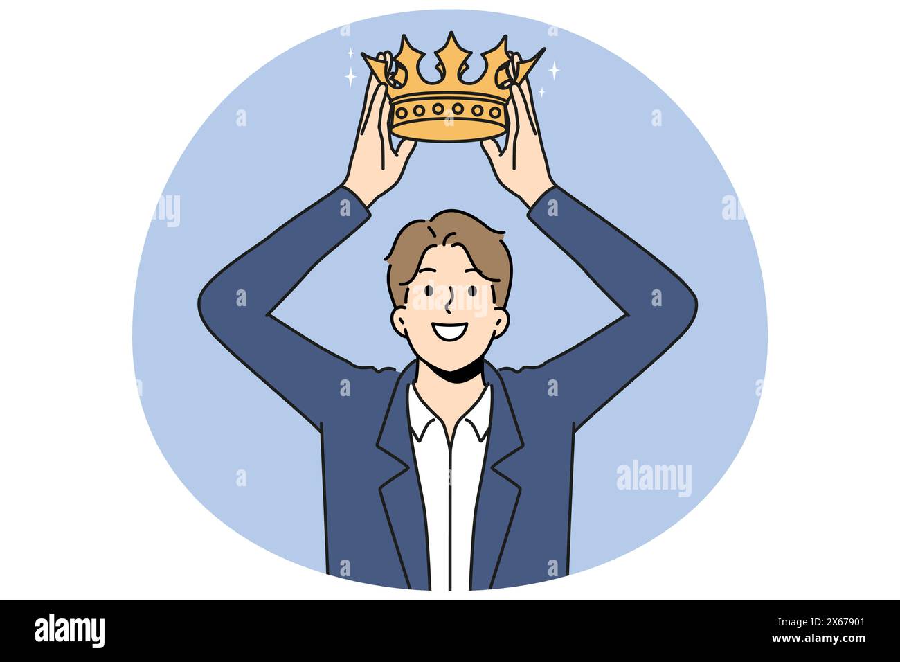 Smiling businesswoman put golden crown on head. Happy male employee coronated. Royalty and leadership. Vector illustration. Stock Vector