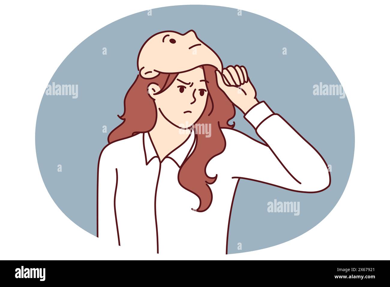 Frowning woman removes mask from face designed to hide identity or show fake emotions. Mask metaphor of lies and hypocrisy for purpose of fraud or obtaining insider information in business Stock Vector