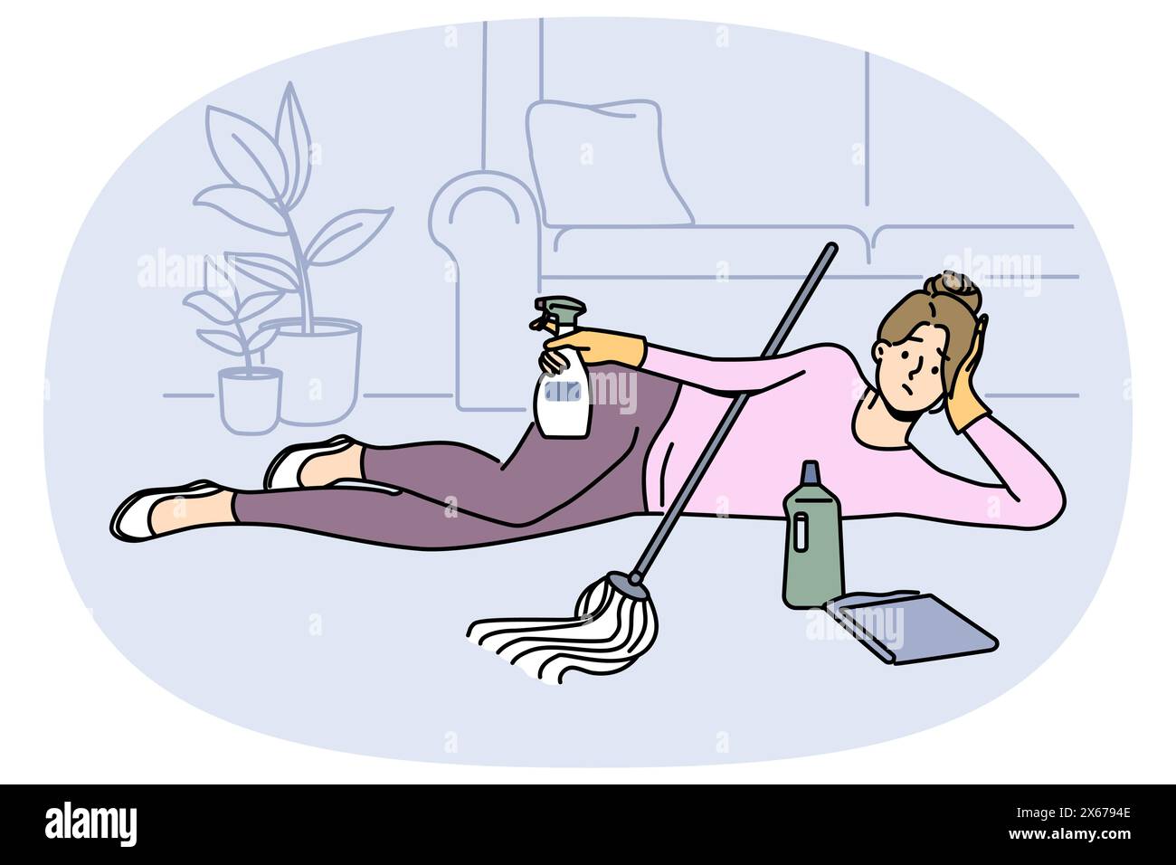 Tired housewife lying on home floor exhausted with cleaning and washing. Lazy woman relax on carpet procrastinate during clean day. Chores and household. Vector illustration. Stock Vector