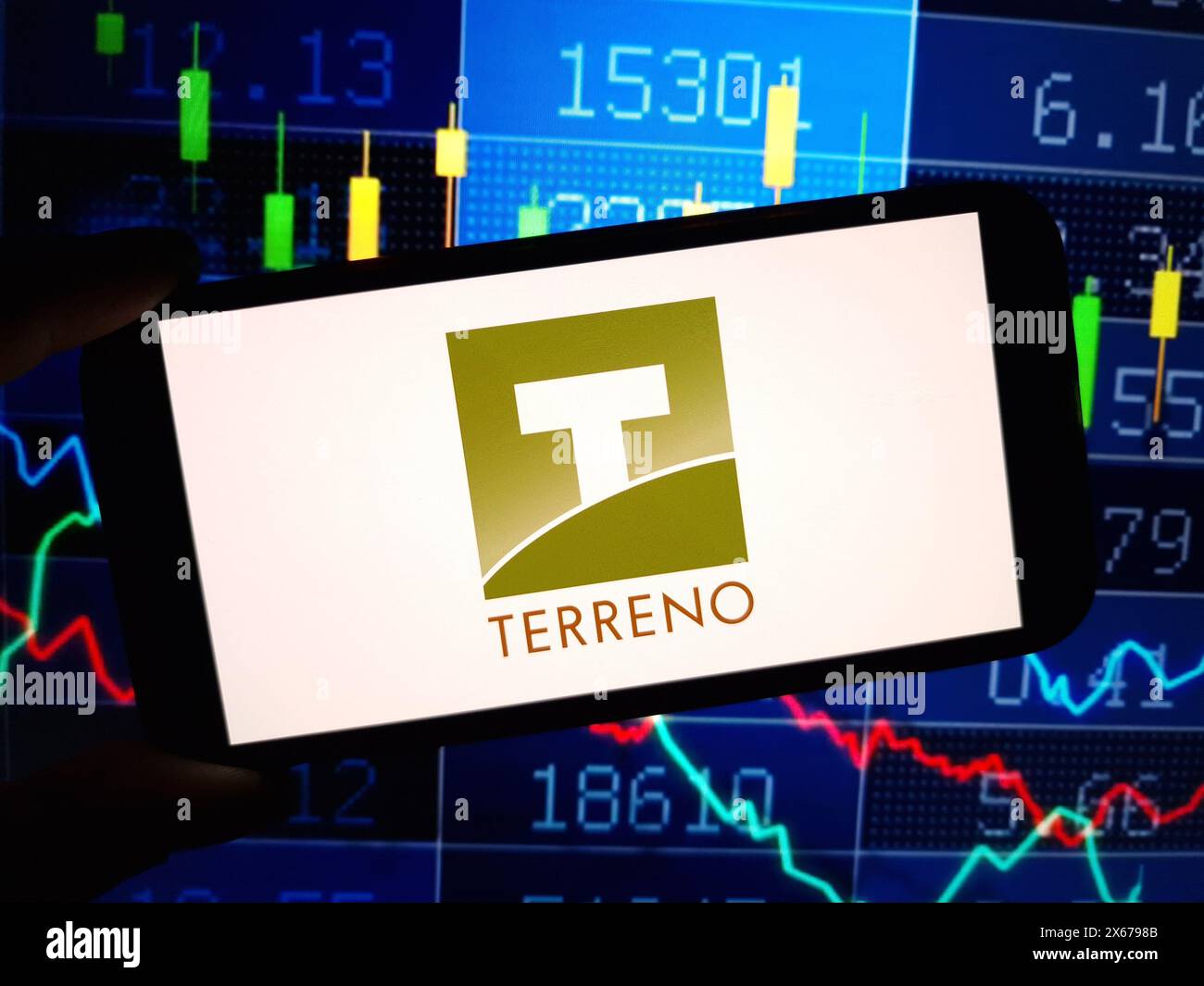 Konskie, Poland - May 12, 2024: Terreno Realty company logo displayed on mobile phone Stock Photo