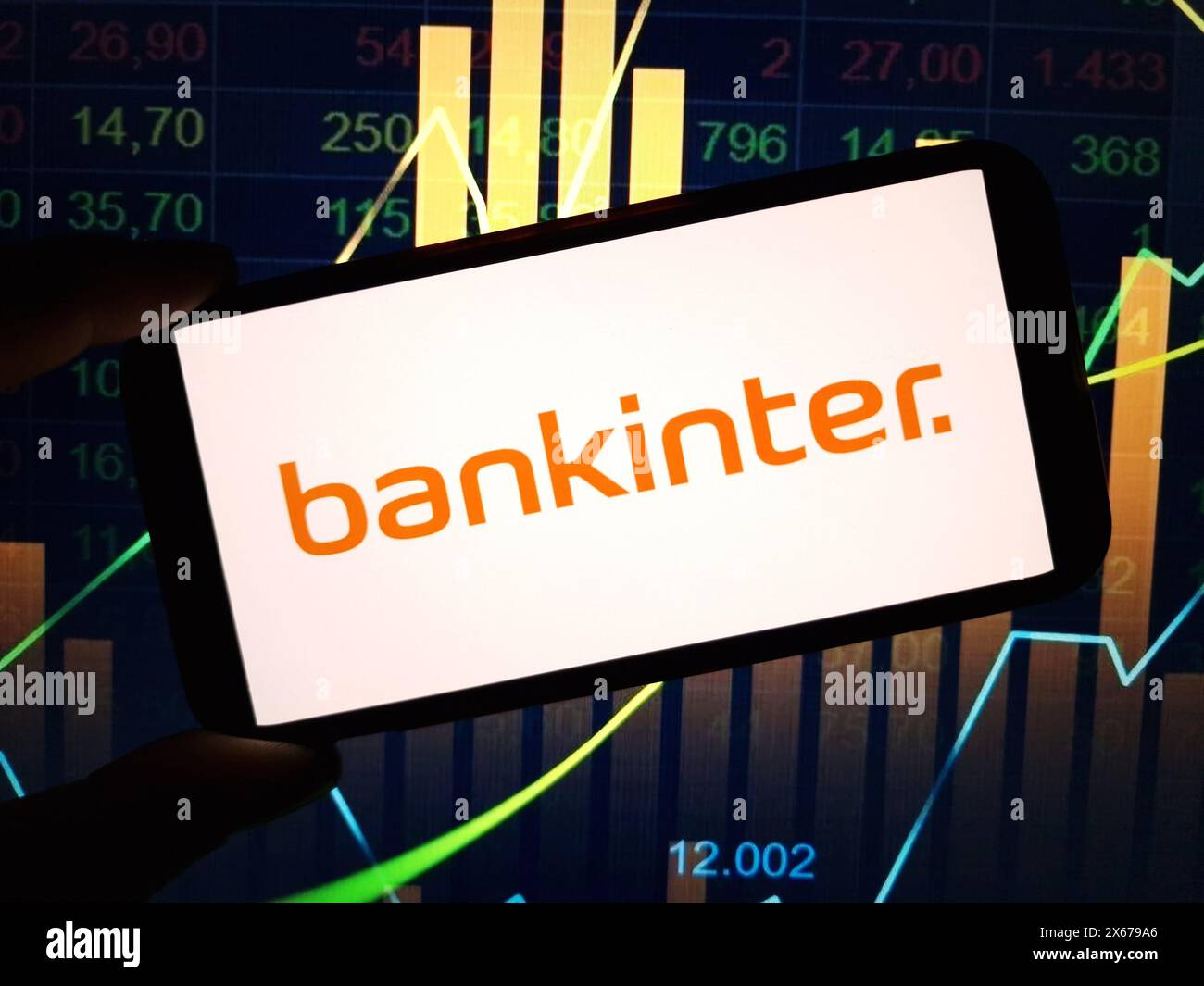 Konskie, Poland - May 12, 2024: Bankinter company logo displayed on mobile phone Stock Photo