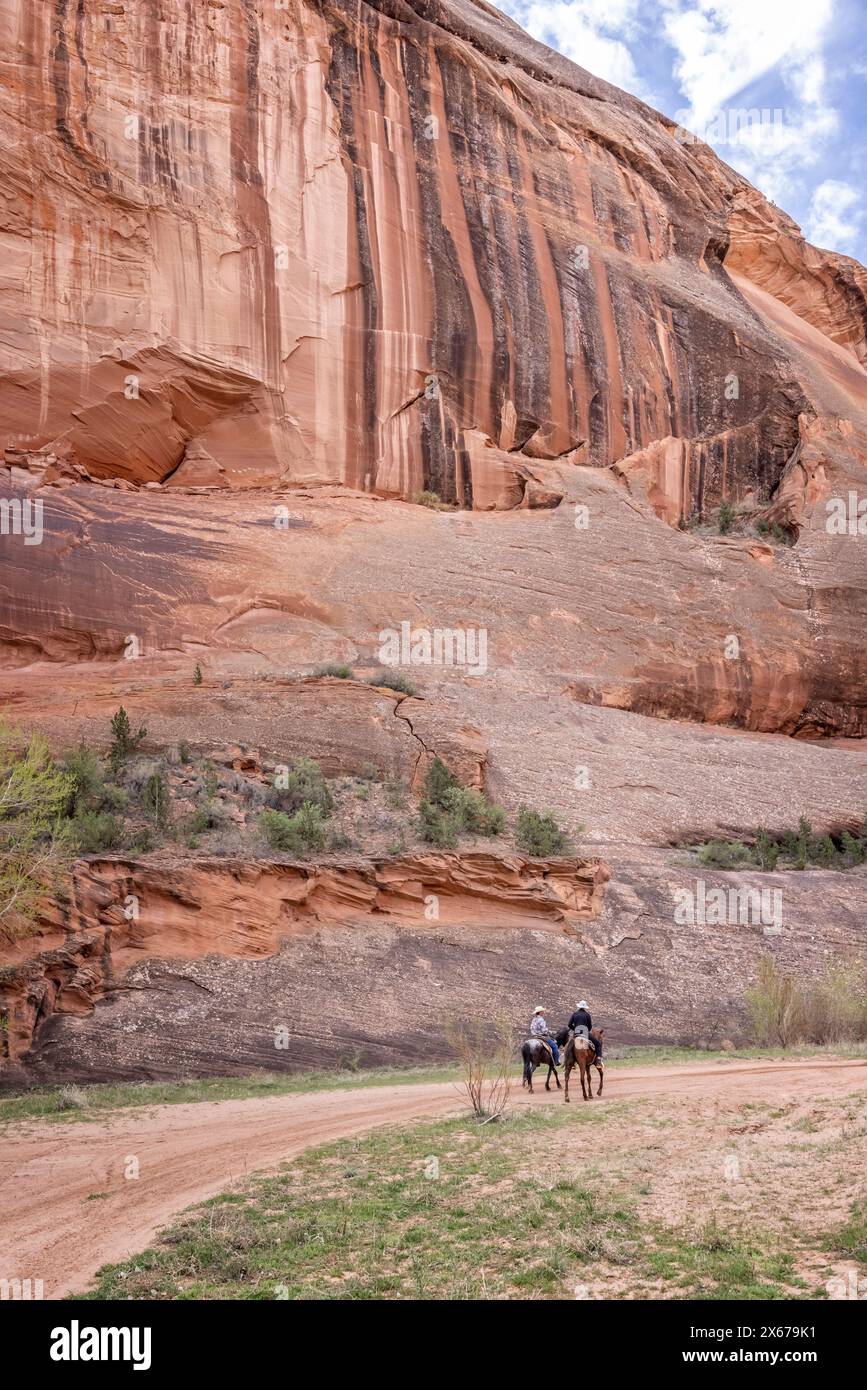 Pair of men riding horses on tour of canyon floor of Canyon de Chelly National Monument, Arizone, USA on 19 April 2024 Stock Photo