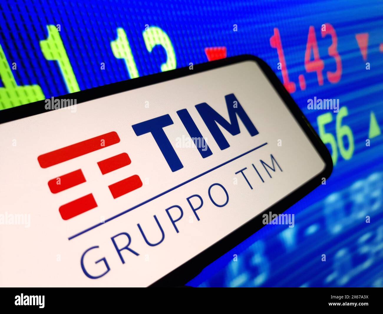 Konskie, Poland - May 12, 2024: Telecom Italia company logo displayed on mobile phone Stock Photo