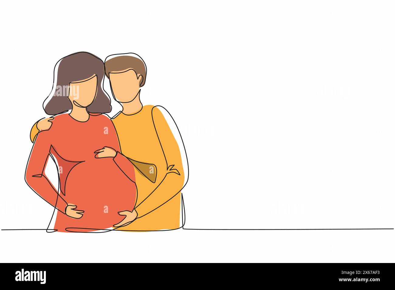 Single continuous line drawing flat illustration about pregnancy and partner birth. Young pregnant woman with husband. Man takes care and hugs his wif Stock Vector