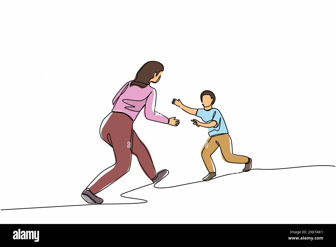 Single one line drawing boy running to mother. Cheerful boy running to hug his mother. Little son running to his mom who standing and waiting with ope Stock Vector