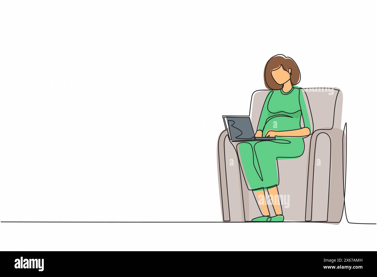 Single one line drawing healthy pregnant woman sitting on sofa at home working on her laptop during her maternity leave before giving birth to baby. C Stock Vector