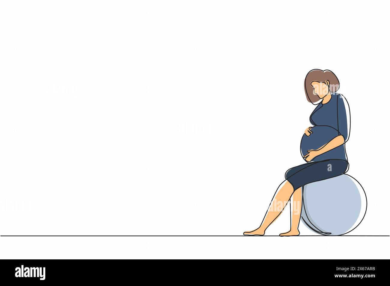 Single continuous line drawing pregnant woman sits on fitball. Sport training for women. Healthy lifestyle. Pregnant fitness girl. Fitness for pregnan Stock Vector