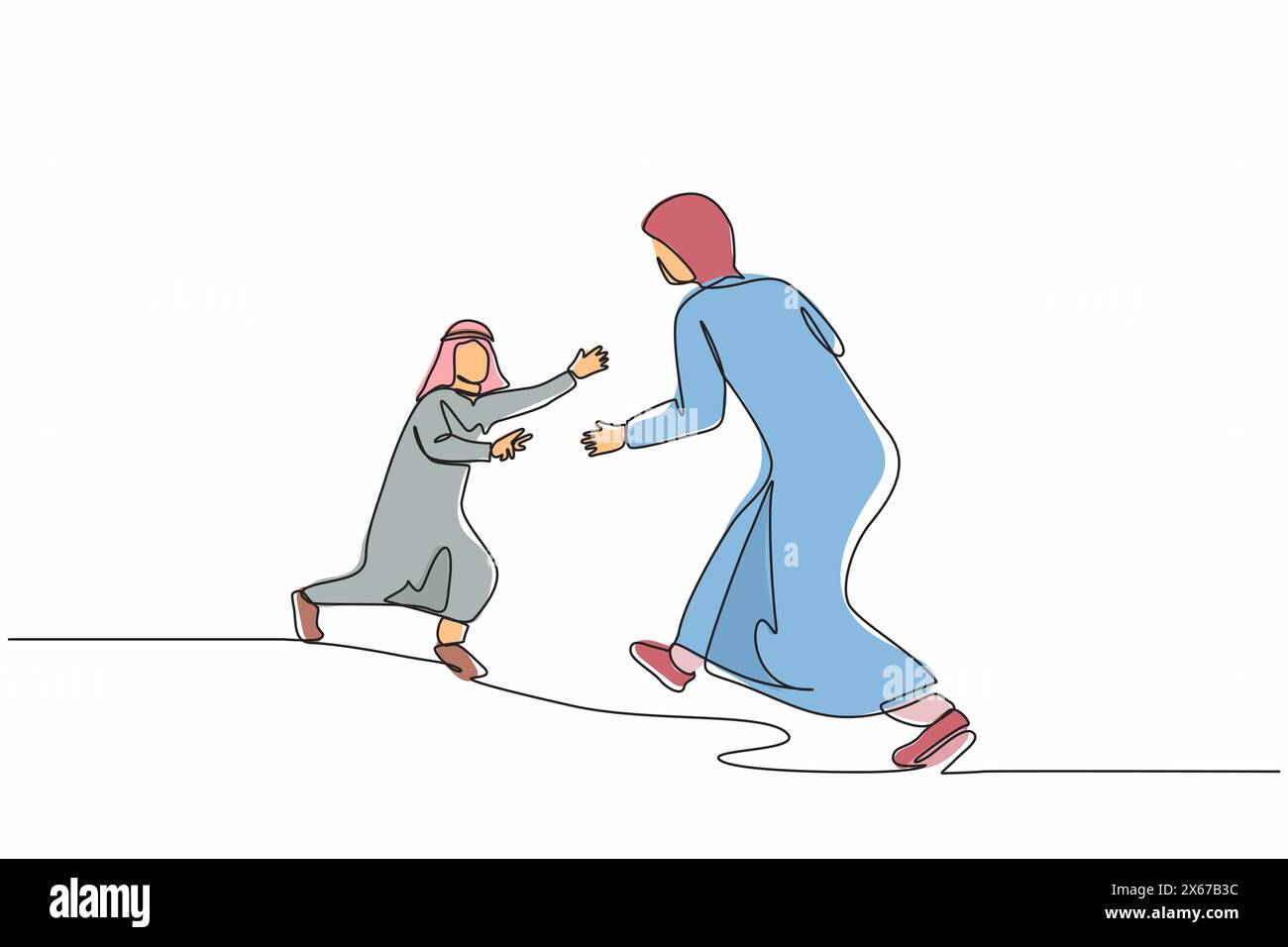 Single one line drawing boy running to mother. Arabian boy running to hug his mother. Little son running to his mom who standing and waiting with open Stock Vector