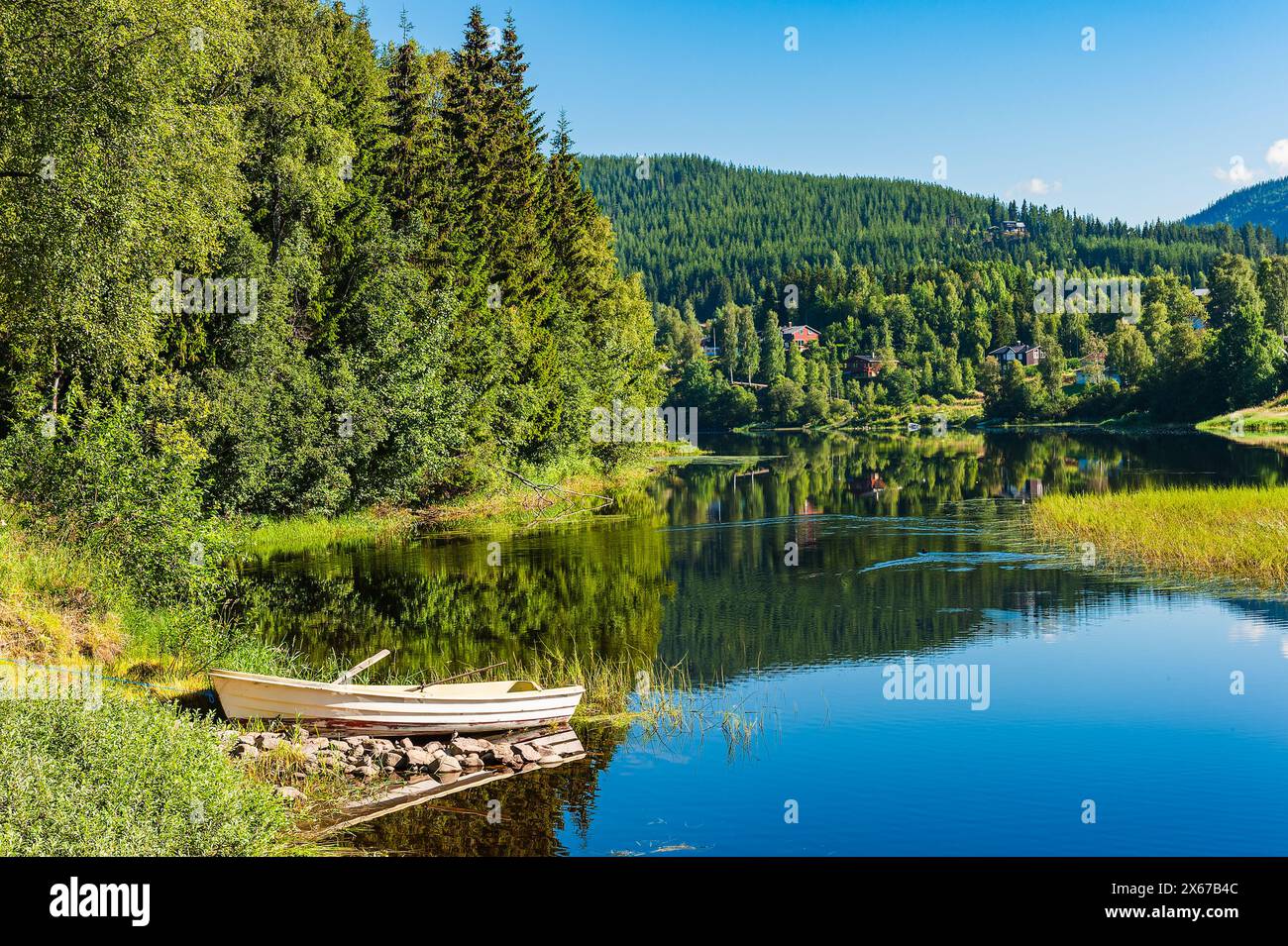 A rowboat is moored to the shore of a river surrounded by lush greenery. The boat appears empty, resting peacefully on the calm water under a clear sk Stock Photo