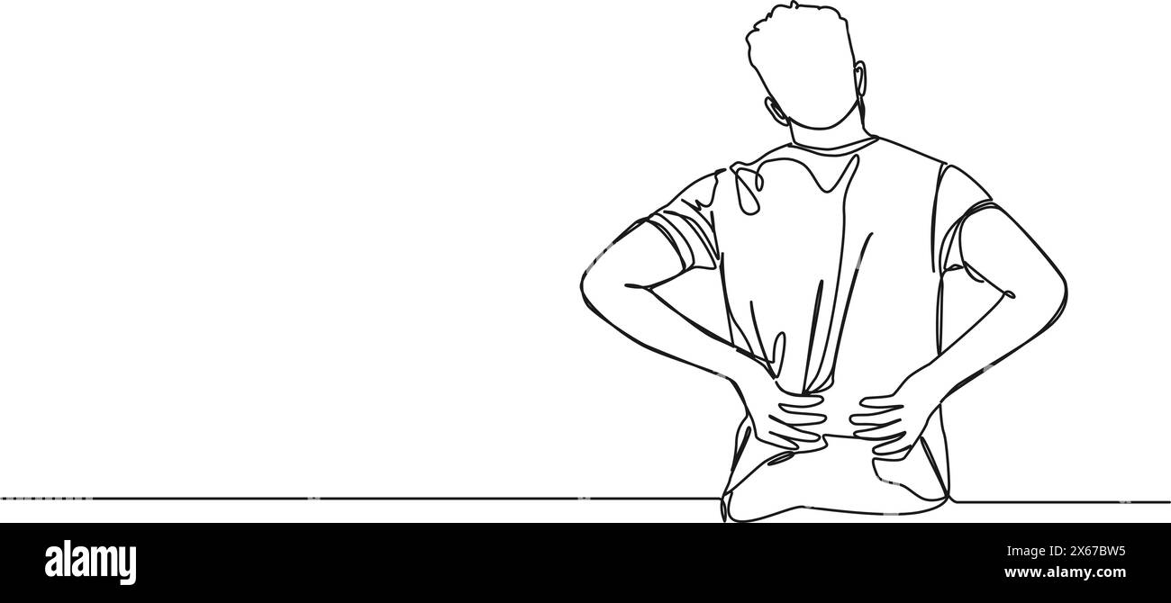 continuous single line drawing of man suffering from back pain, line art vector illustration Stock Vector