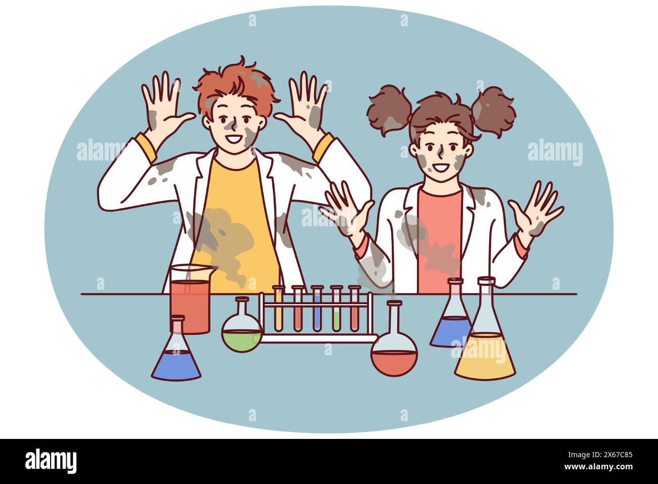 Funny children in laboratory raise hands after unexpected reaction when mixing chemical reagents that caused explosion. Children doing science experimenting in school lab and doing research Stock Vector
