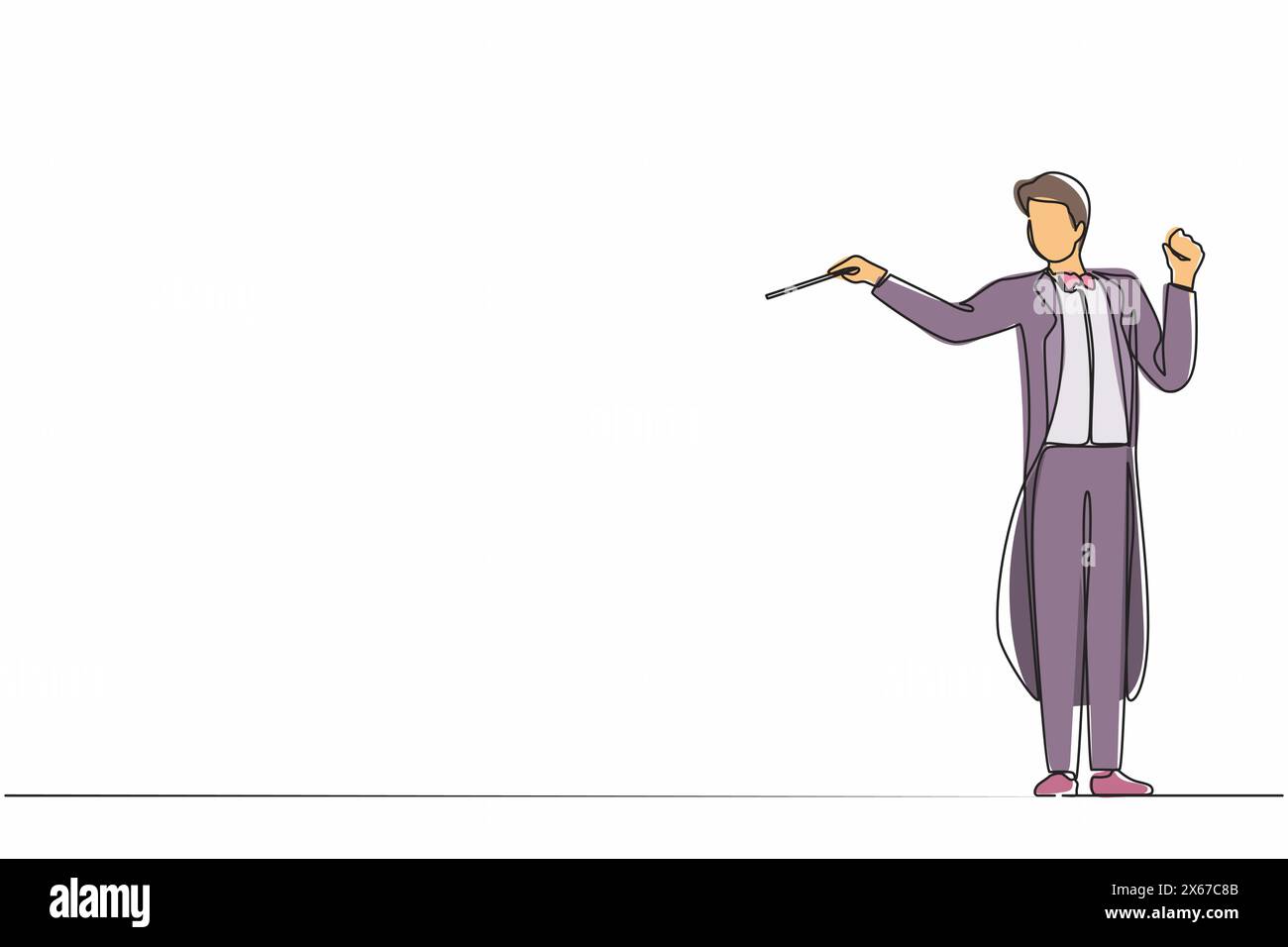Single continuous line drawing man music orchestra conductor. Male musician in tuxedo suit with arm gestures. Expressive conductor directs orchestra d Stock Vector