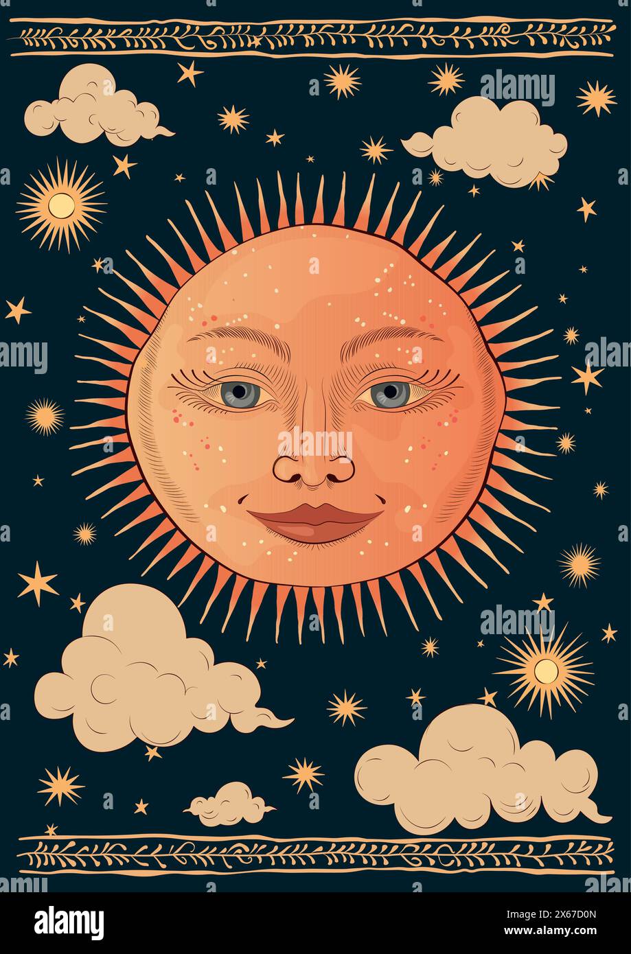 A stylized mystical sun inspired by ancient Slavic motifs, surrounded by stars on a dark blue background. Ideal for A4 posters and prints Stock Vector