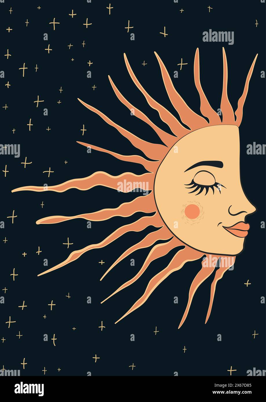 stylized vector illustration of ancient folk representations of the sun and moon. The sun, with a half-face design featuring plump lips and closed eye Stock Vector