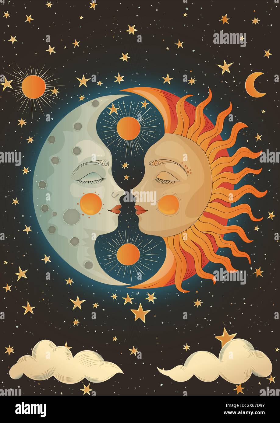 Colorful vector artwork of folklore sun and moon in profile, styled after ancient Slavic drawings. They smile with closed eyes against a dark background Stock Vector
