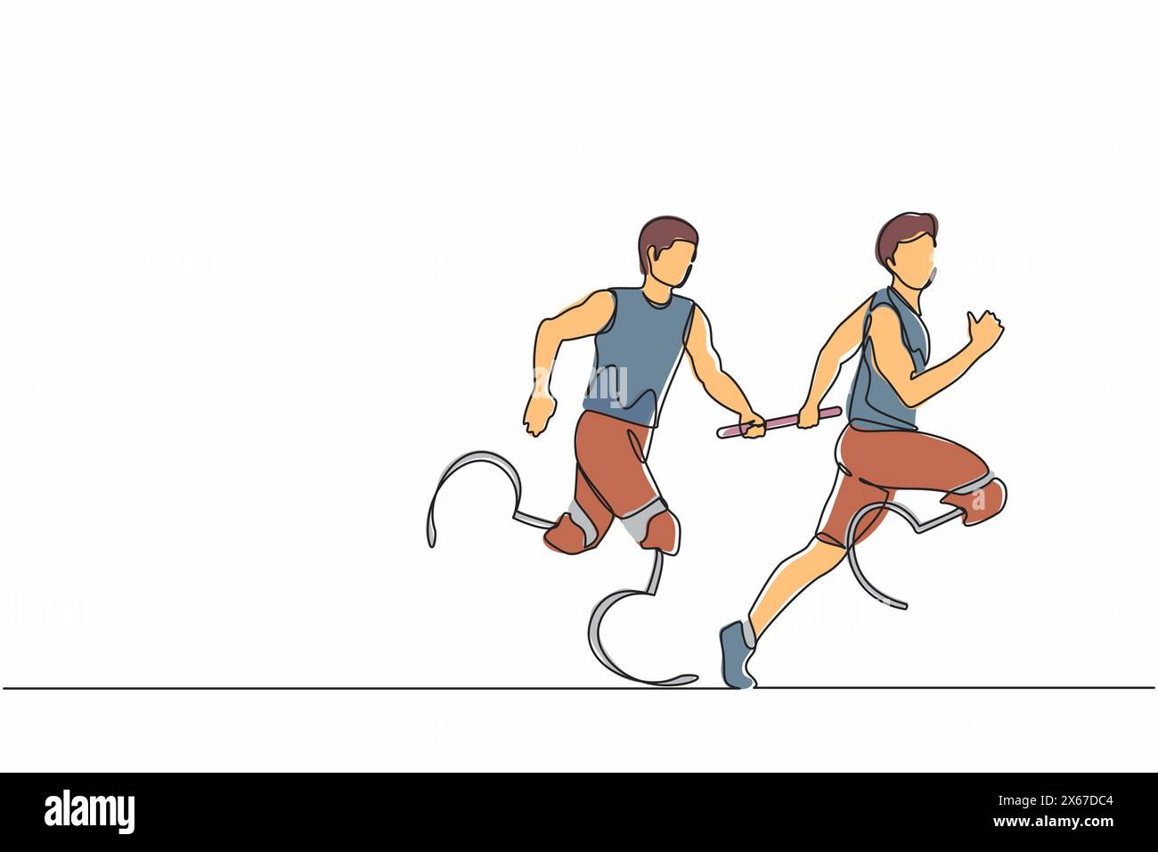 Continuous one line drawing two disable runners with prosthesis leg, disability men, amputee athletes, amputees running in relay race handing over the Stock Vector