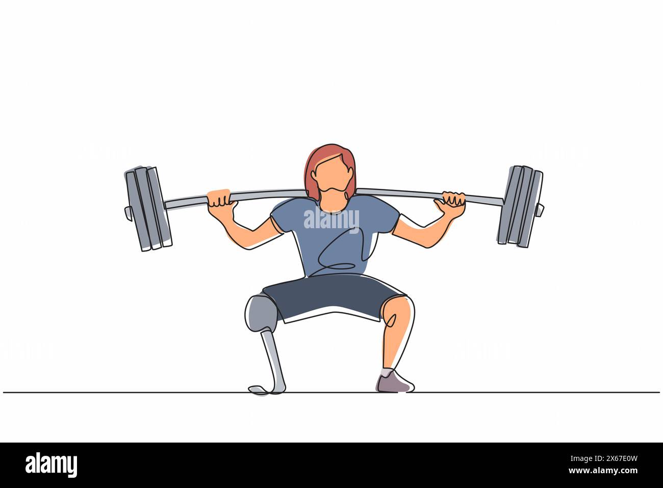 Single one line drawing disabled female weightlifter with amputated legs. Athletic weightlifting workout with barbell muscles sport strongwoman beauti Stock Vector