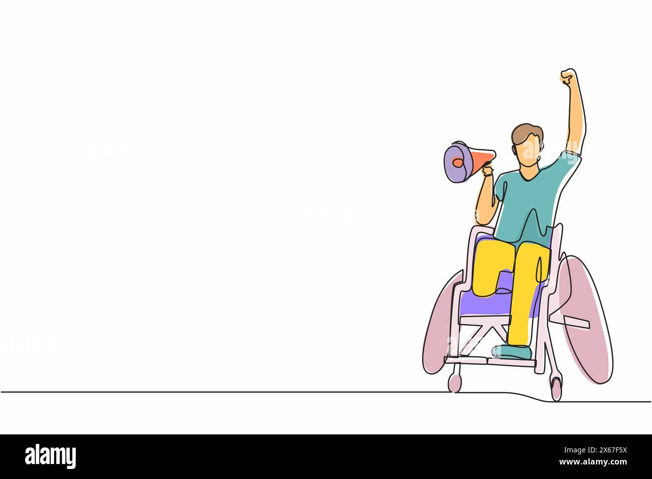 Single one line drawing happy disability young man in wheelchair celebrating winning of football team with megaphone. soccer fan wheelchair user. Cont Stock Vector