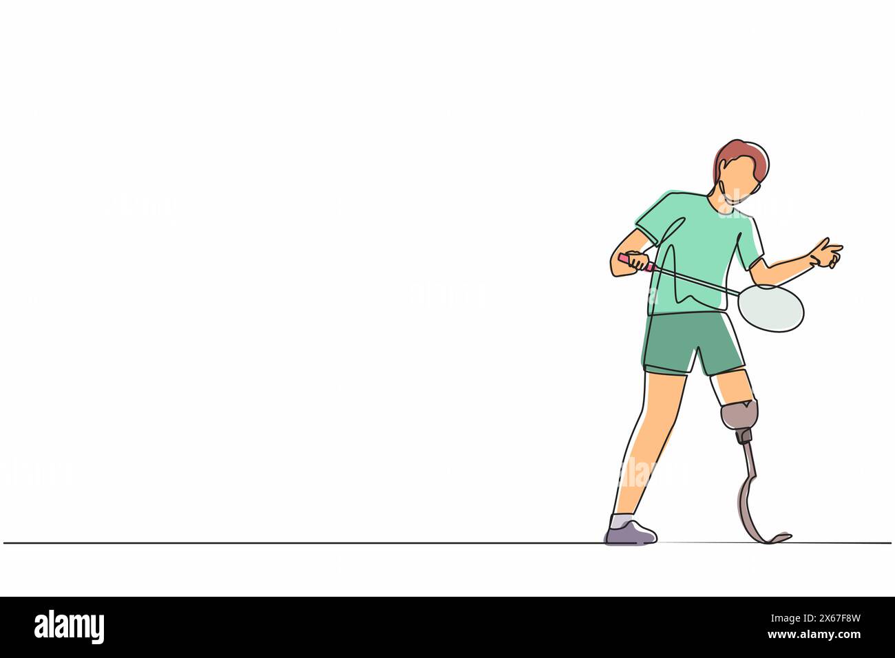 Single continuous line drawing male athlete playing badminton. man with prosthetic leg holding racket. Person with disability performing sports activi Stock Vector