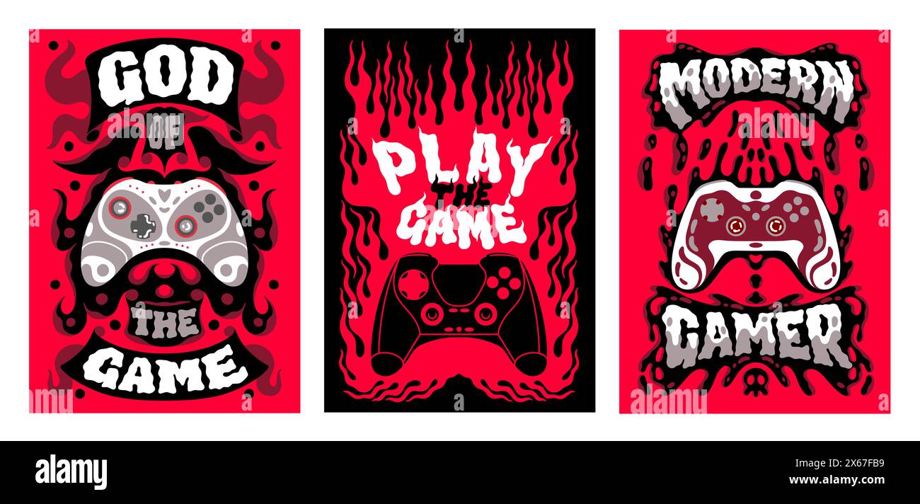 Game posters. Video gamer control slogan. Boy joystick trendy print or kids sport doodle tee. Modern play. Red fire or dripping blood. Gaming controll Stock Vector