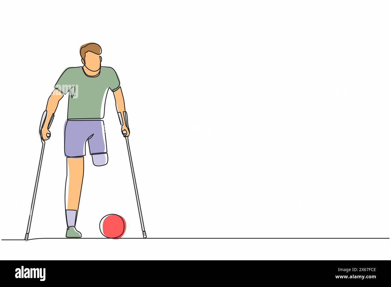 Single continuous line drawing disabled man with crutches playing football in stadium. Disability soccer athlete. Amputated sportsman playing on sport Stock Vector