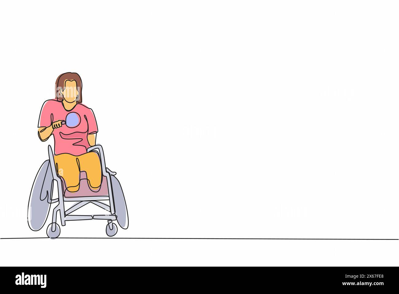 Single continuous line drawing disabled sportswoman in wheelchair playing table tennis. Disability games championship. Hobbies and interests of people Stock Vector