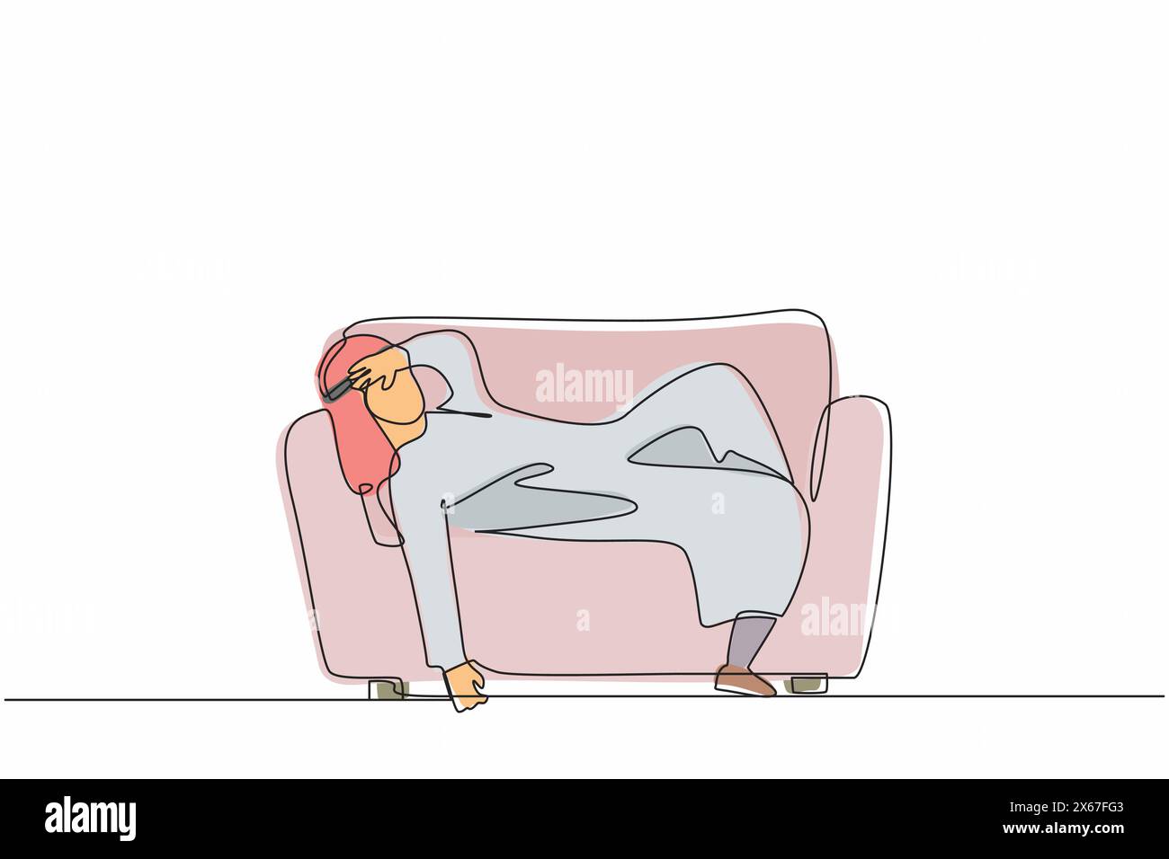 Single one line drawing unhappy Arab businessman tired sleepy mood resting on sofa. Frustrated worker holding his head lying on sofa. Stressed, anxiet Stock Vector