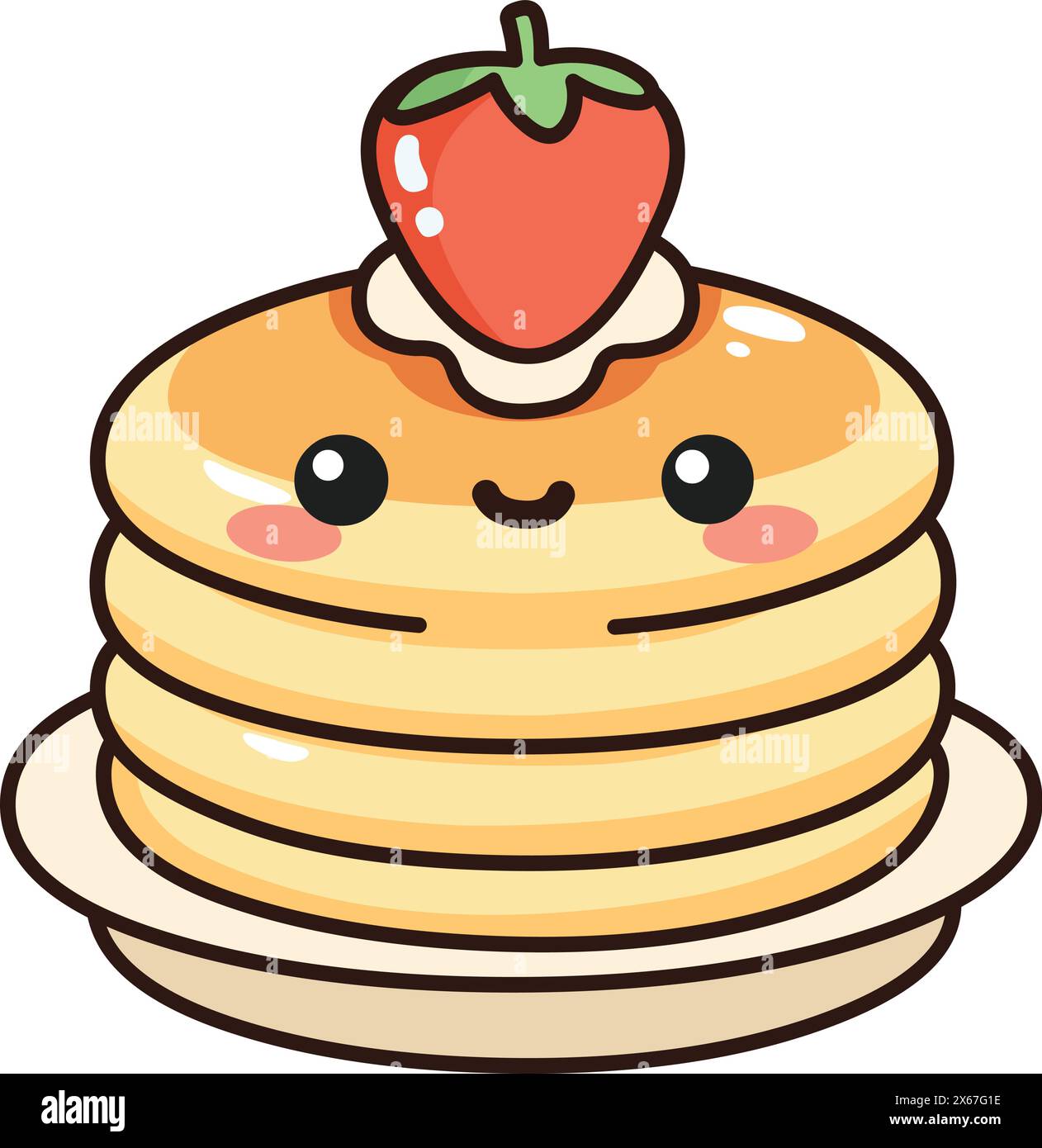 Happy pancake stack with strawberries and cream on top, in a kawaii style Stock Vector