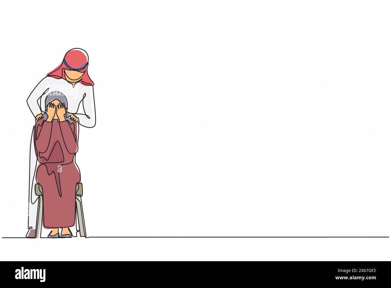 Single continuous line drawing Arab man comforting crying woman ...